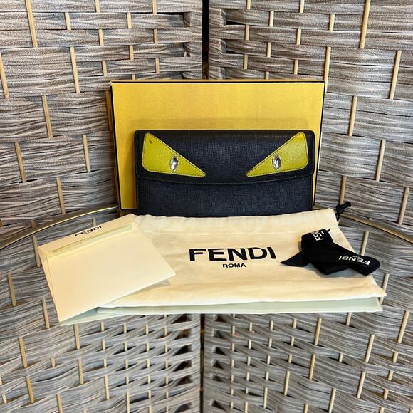 RARE Fendi Black Vitello Elite Calfskin Leather Crystal Eye Monster Long Wallet - Picture 1 of 13